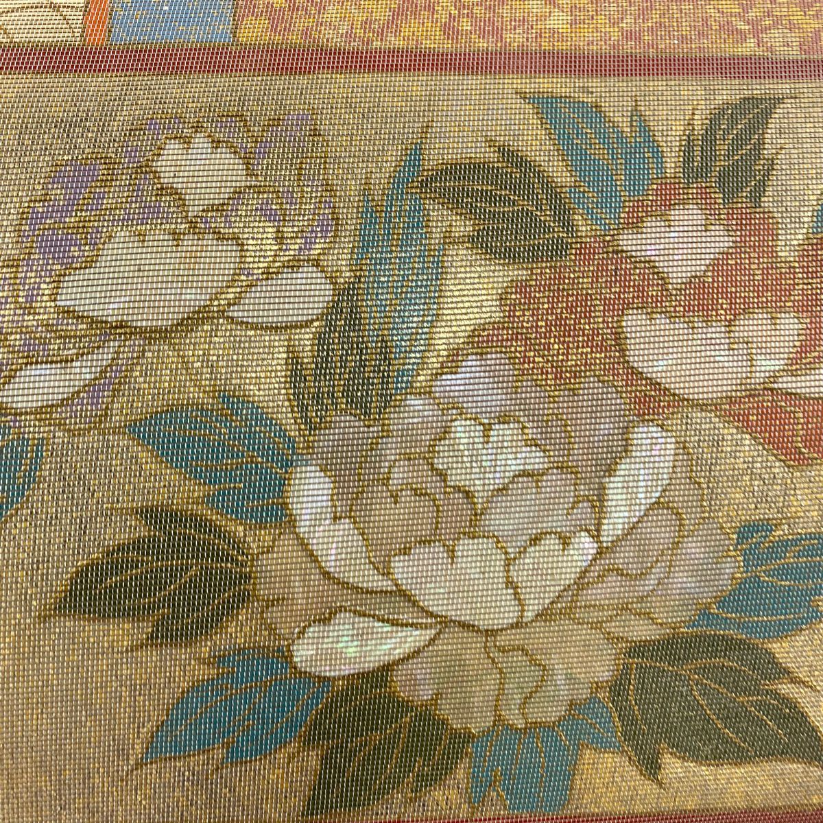 袋帶 秀品級 關西仕立 紅牡丹 草花紋紋 螺鈿金金箔 金色 大鼓圖案 純蠶絲