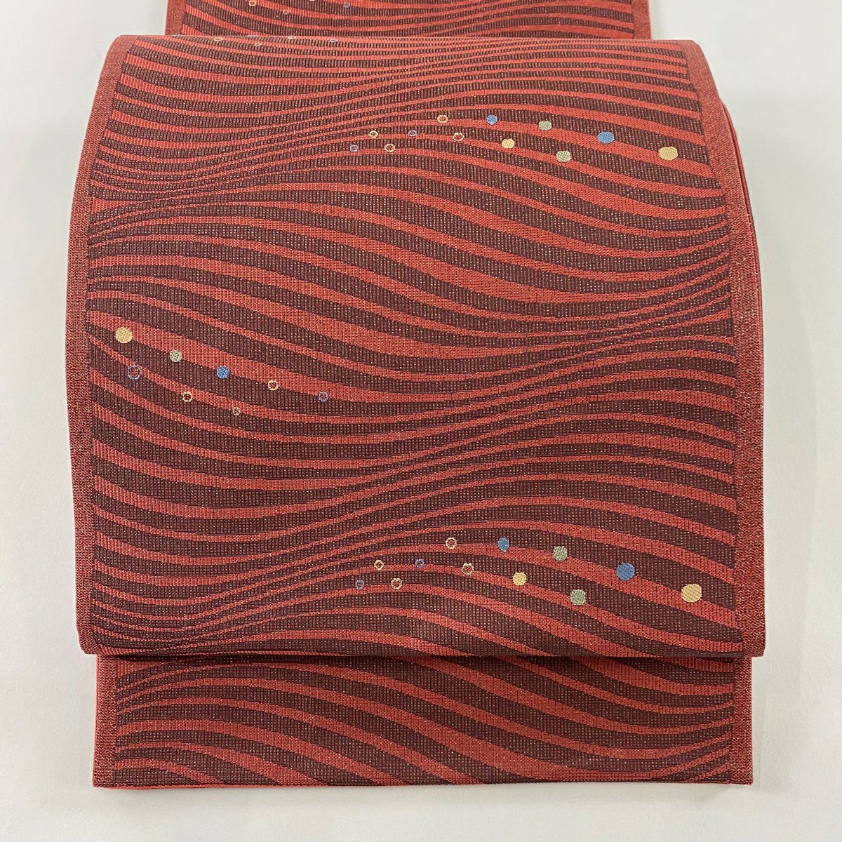 【美品】 袋帶 秀品級 幾何學 朱色 六通 純蠶絲