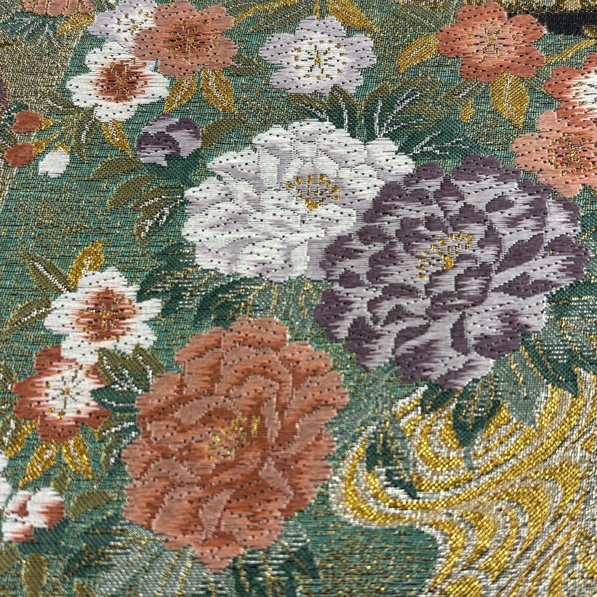 【美品】 袋帶 秀品級 色紙 四季草花紋 金色 六通 純蠶絲