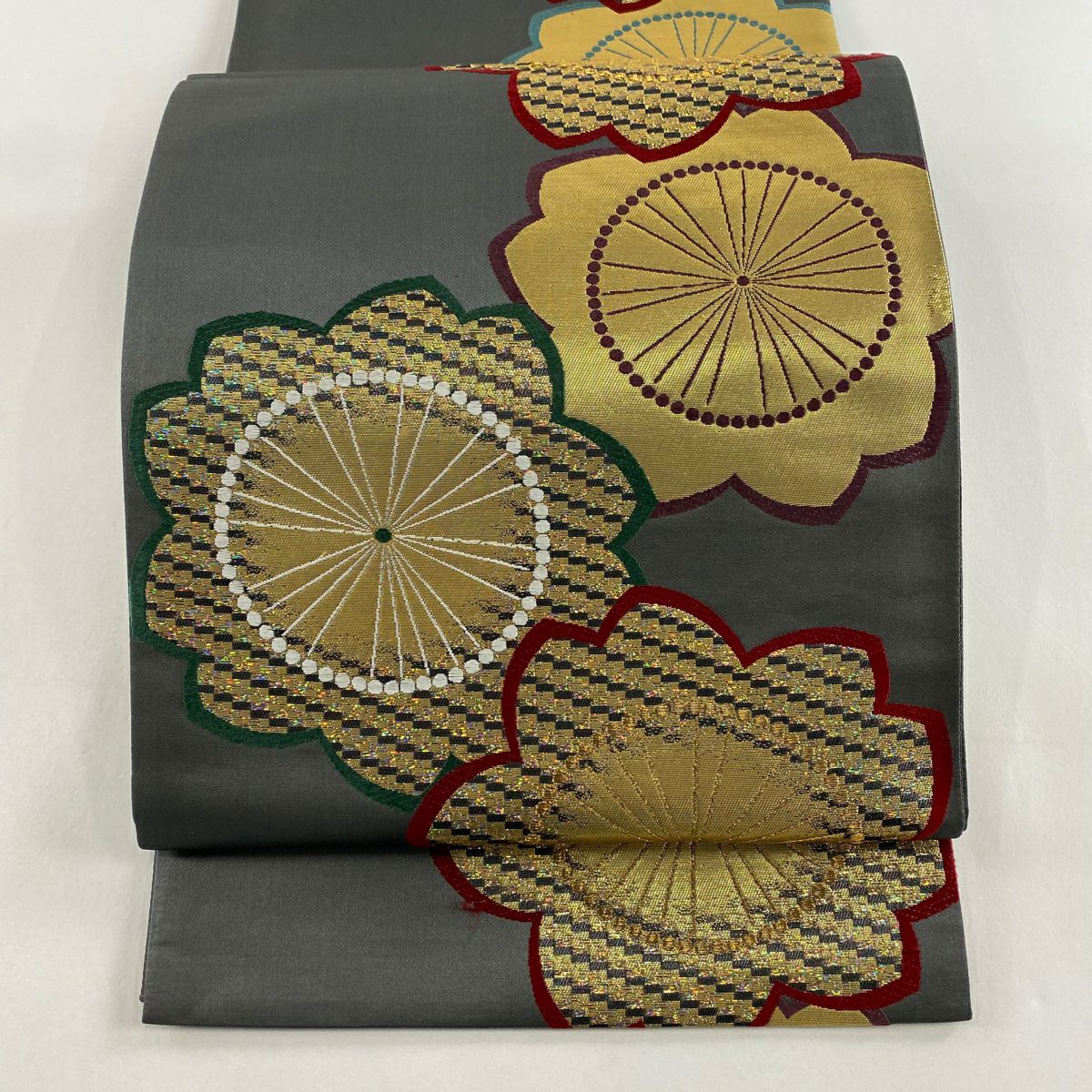 袋帶 秀品級 振袖禮服禮服用 櫻花 拉麵金金箔 金絲 灰色 六通 純蠶絲