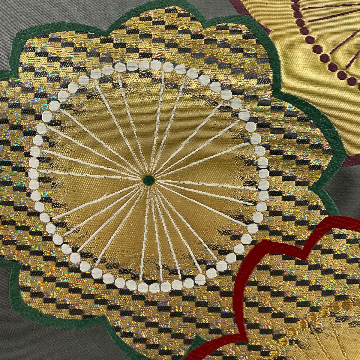 袋帶 秀品級 振袖禮服禮服用 櫻花 拉麵金金箔 金絲 灰色 六通 純蠶絲