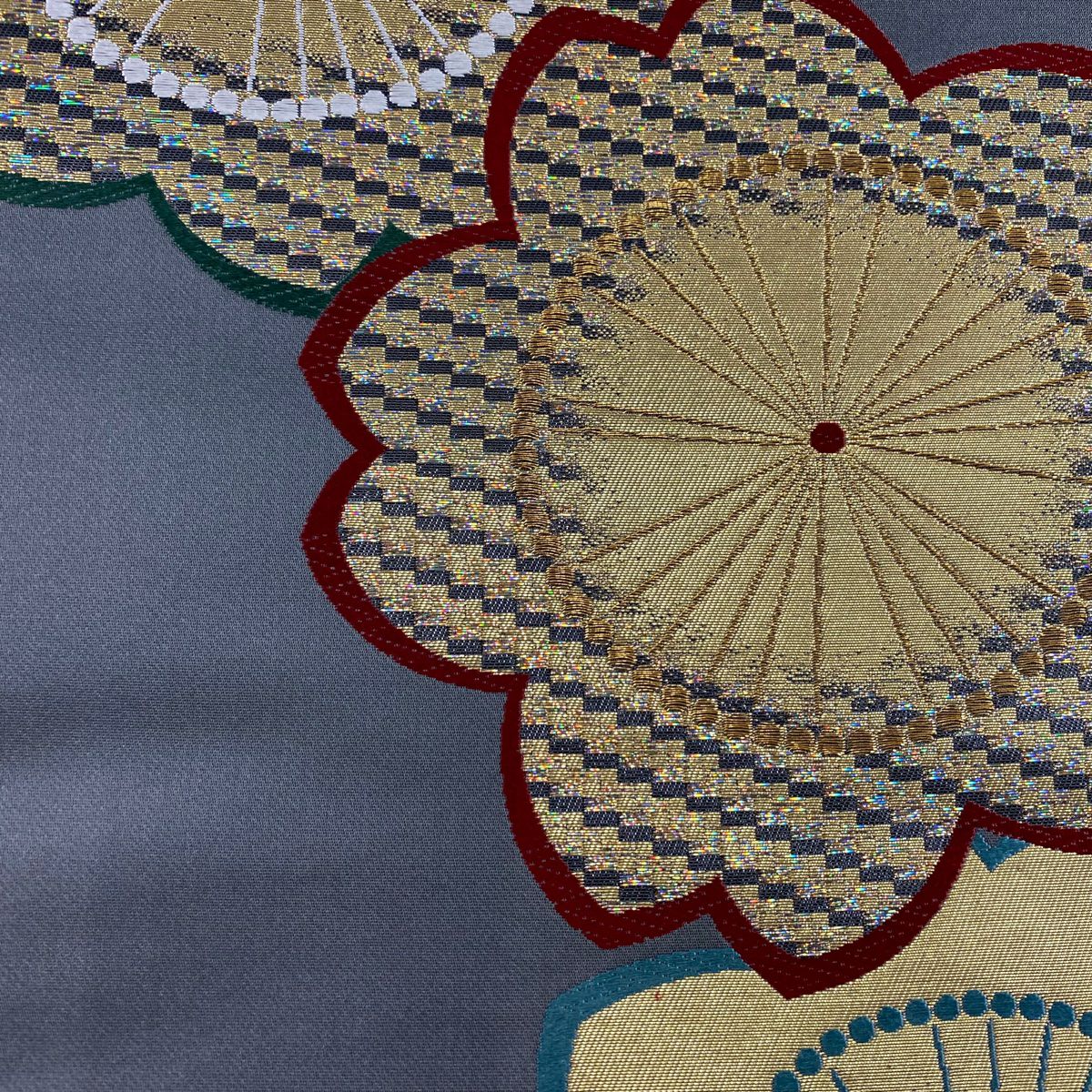 袋帶 秀品級 振袖禮服禮服用 櫻花 拉麵金金箔 金絲 灰色 六通 純蠶絲