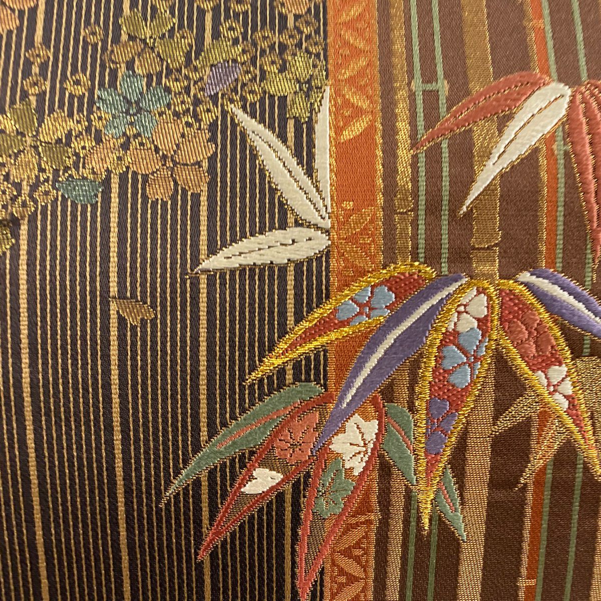 袋帶 秀品級 鈴乃屋 笹 櫻花 金糸 金金箔 茶 六通 純蠶絲