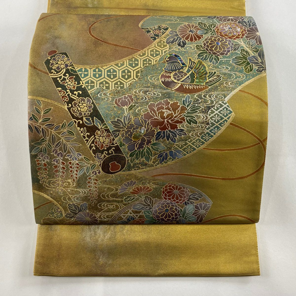 【清倉特賣】 袋帶 名品級 鴛鴦 草花紋 螺鈿 金色 大鼓圖案 純蠶絲