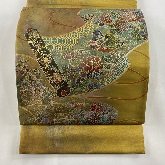 【清倉特賣】 袋帶 名品級 鴛鴦 草花紋 螺鈿 金色 大鼓圖案 純蠶絲