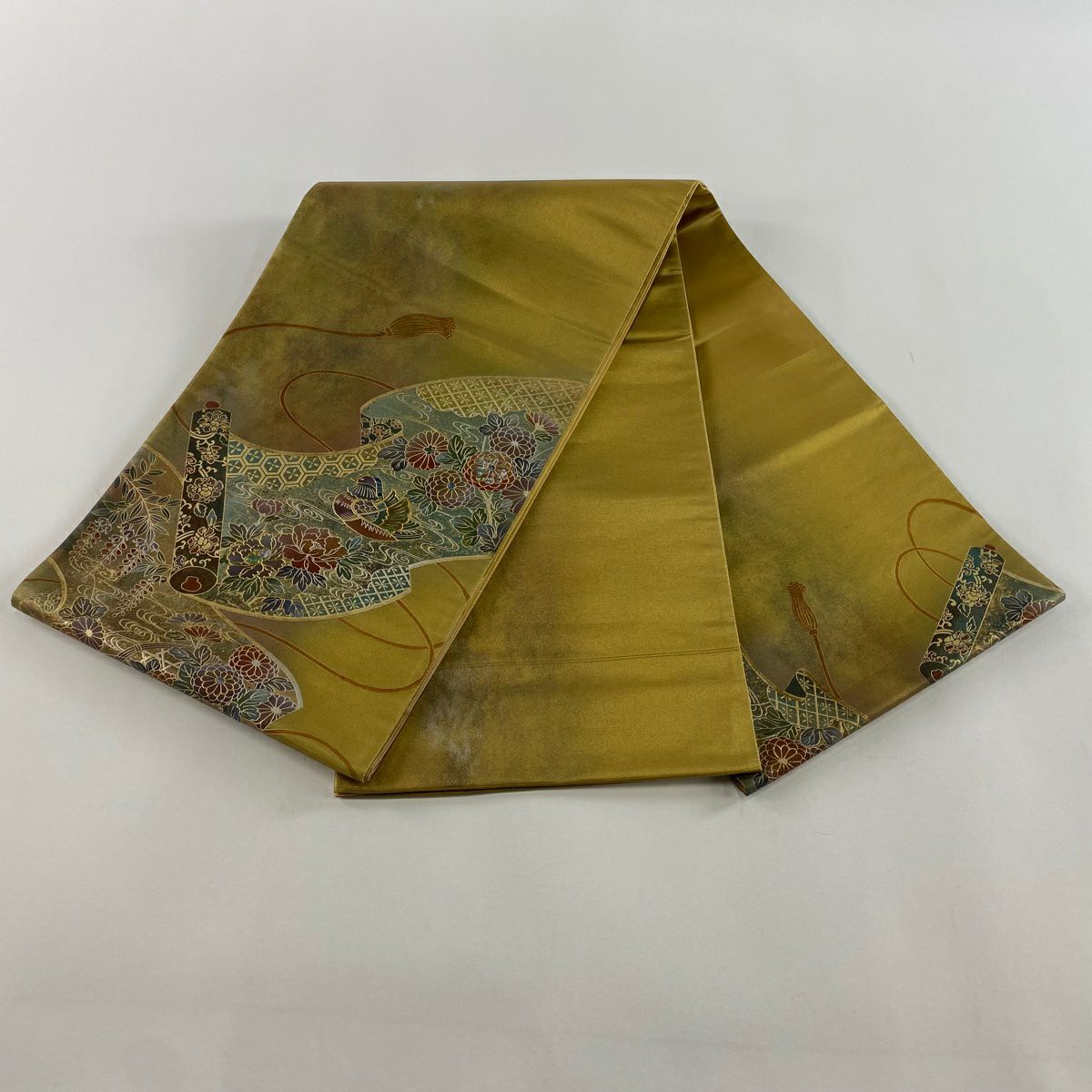 【清倉特賣】 袋帶 名品級 鴛鴦 草花紋 螺鈿 金色 大鼓圖案 純蠶絲