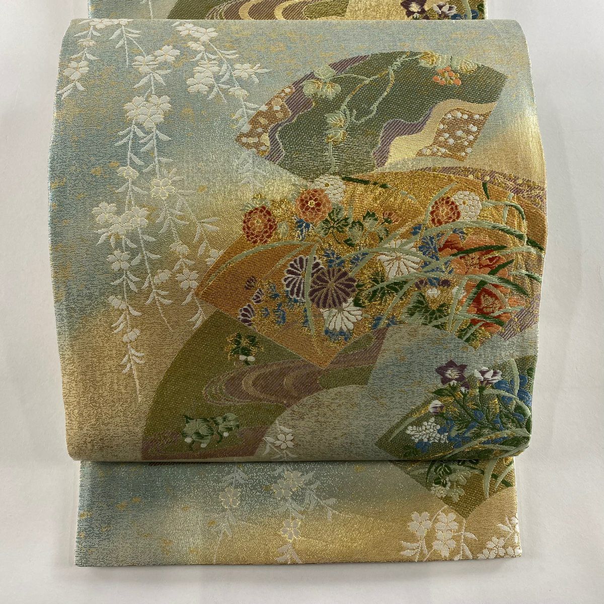 【庫存清倉】 【美品】 袋帶 名品級 雙面 扇子面 菊花花 金金箔 金絲 淺綠 六通 純蠶絲