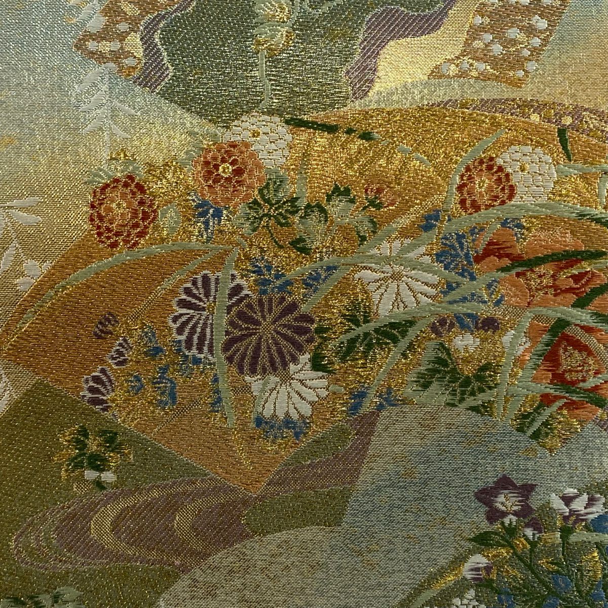 【庫存清倉】 【美品】 袋帶 名品級 雙面 扇子面 菊花花 金金箔 金絲 淺綠 六通 純蠶絲