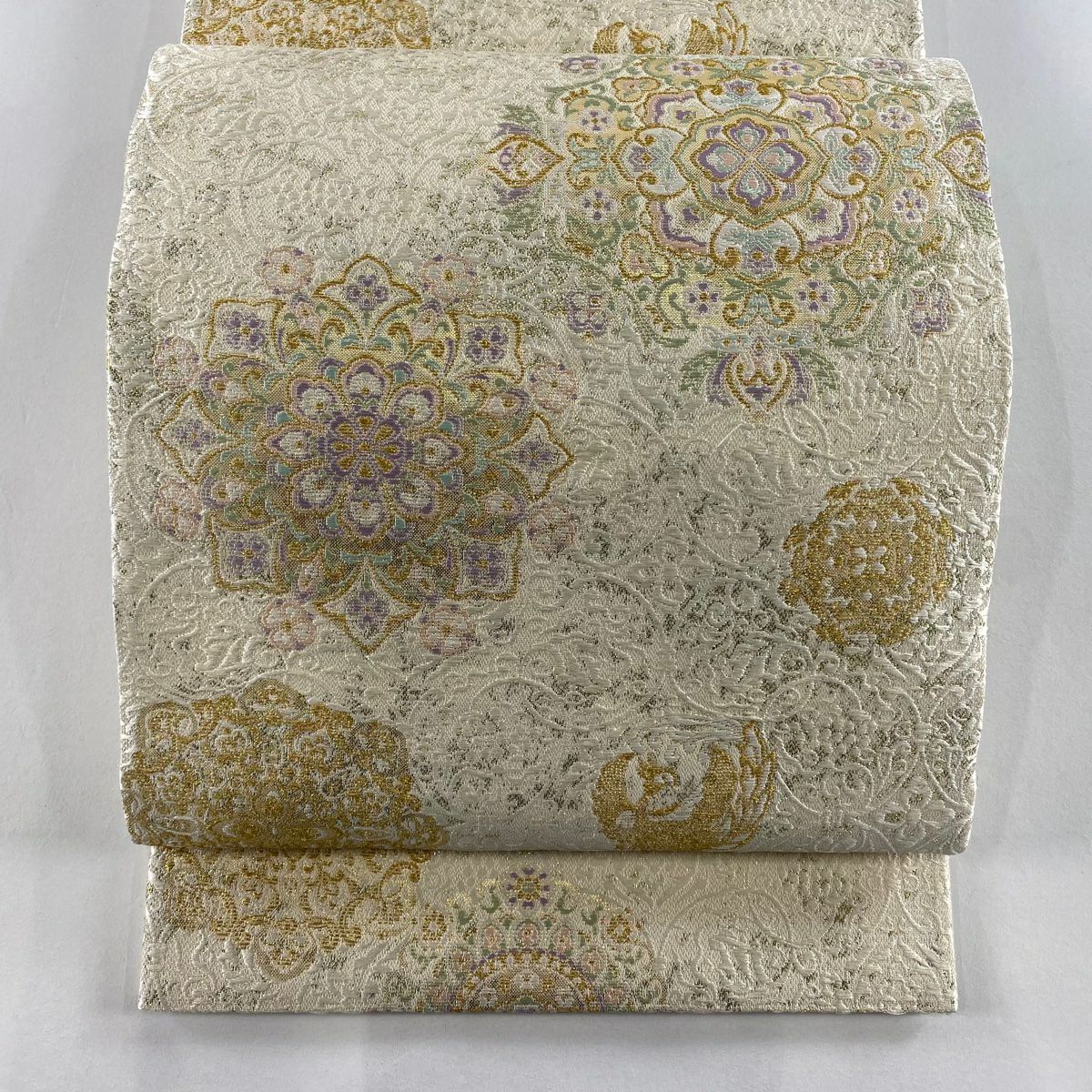 【庫存清倉】 【美品】 袋帶 名品級 雙面 扇子面 菊花花 金金箔 金絲 淺綠 六通 純蠶絲
