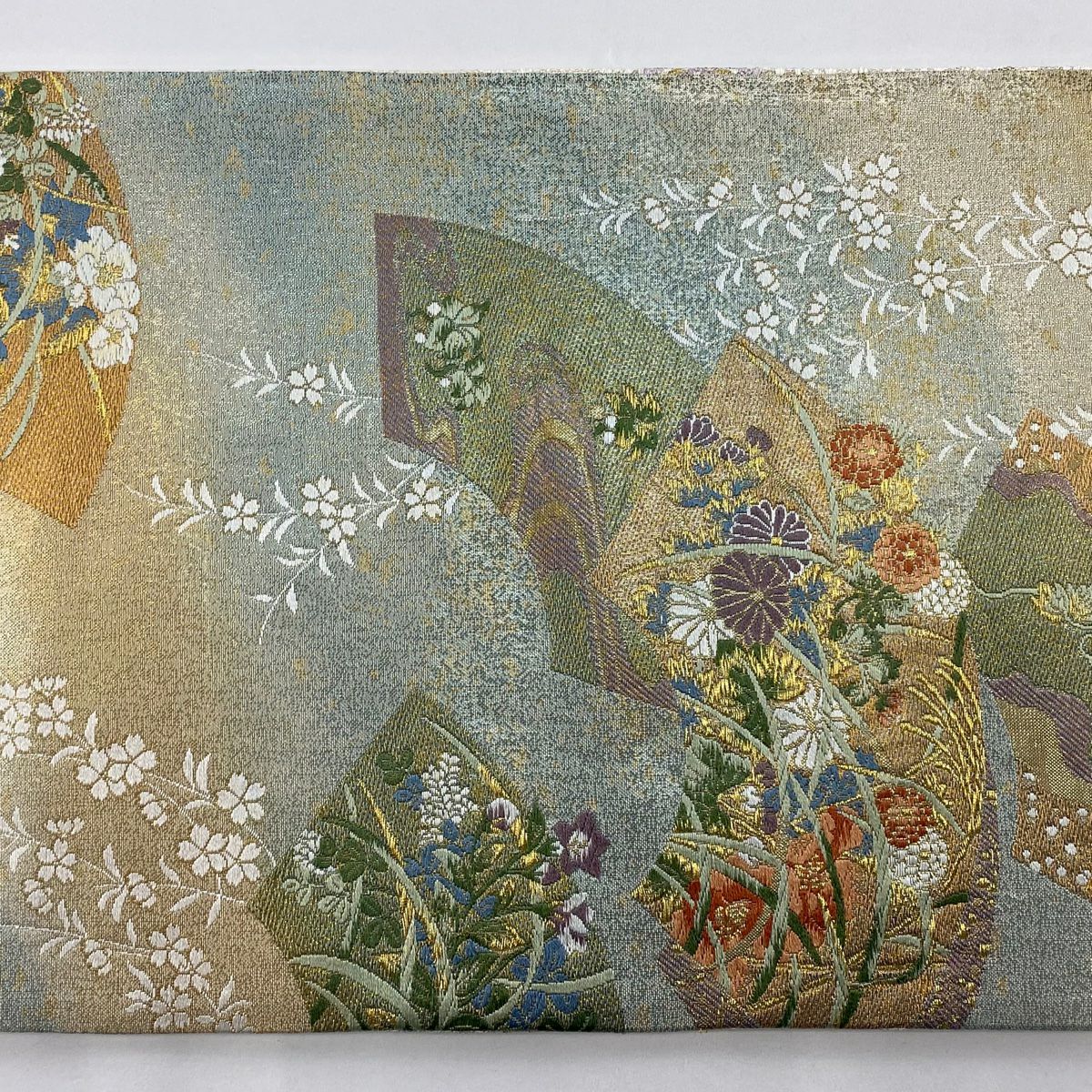 【庫存清倉】 【美品】 袋帶 名品級 雙面 扇子面 菊花花 金金箔 金絲 淺綠 六通 純蠶絲
