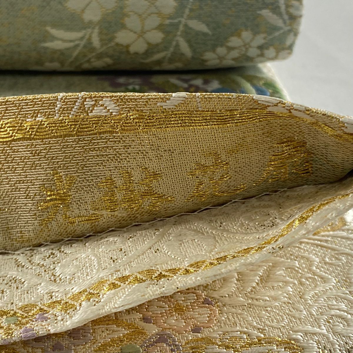 【庫存清倉】 【美品】 袋帶 名品級 雙面 扇子面 菊花花 金金箔 金絲 淺綠 六通 純蠶絲