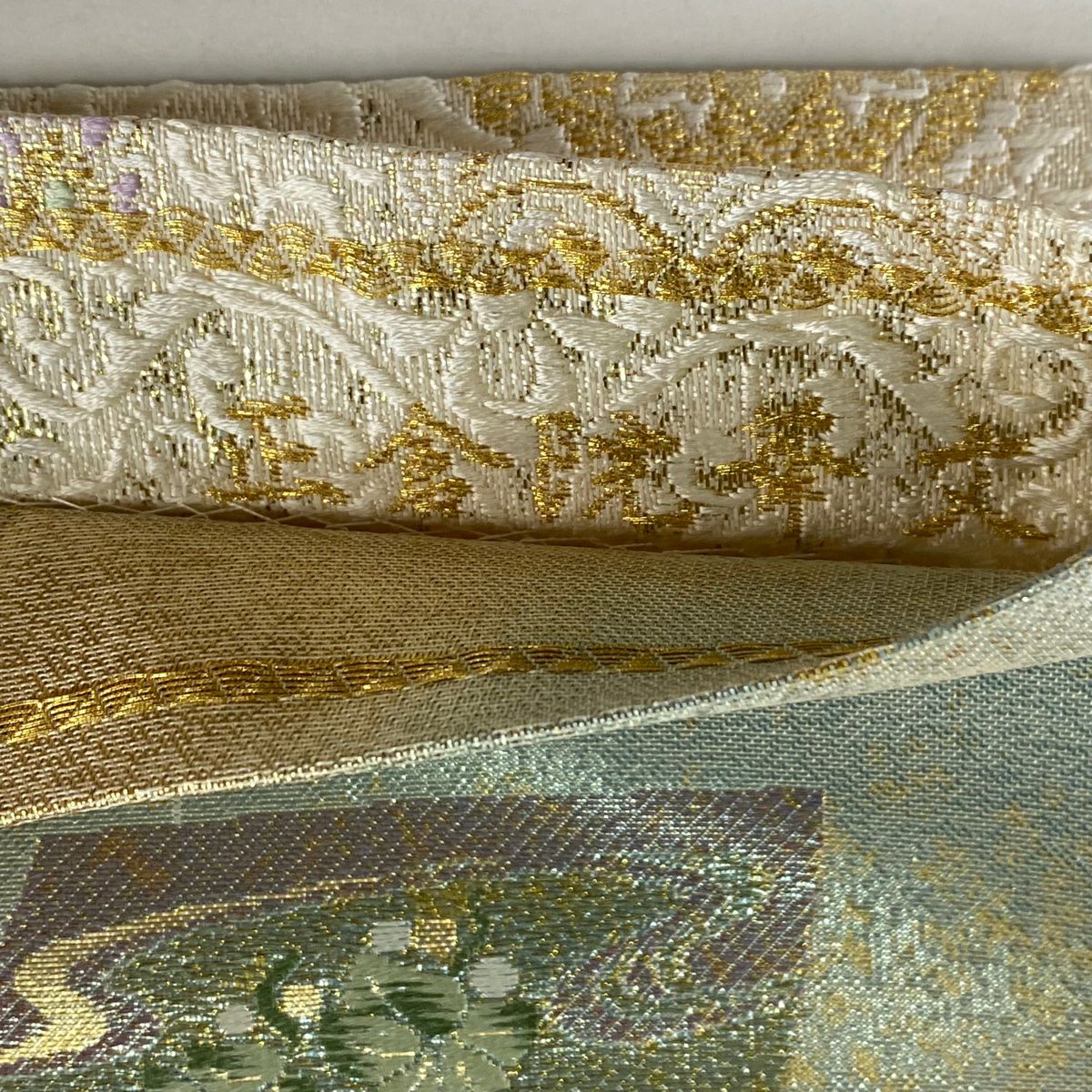 【庫存清倉】 【美品】 袋帶 名品級 雙面 扇子面 菊花花 金金箔 金絲 淺綠 六通 純蠶絲