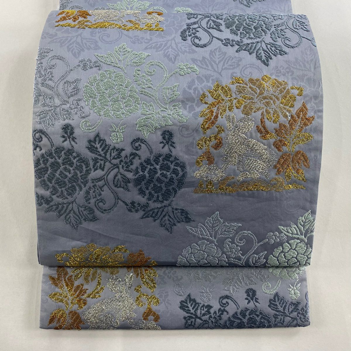 【庫存清倉】 袋帶 名品級 花兔 花唐草紋 金金箔 唐織 青灰 六通 純蠶絲