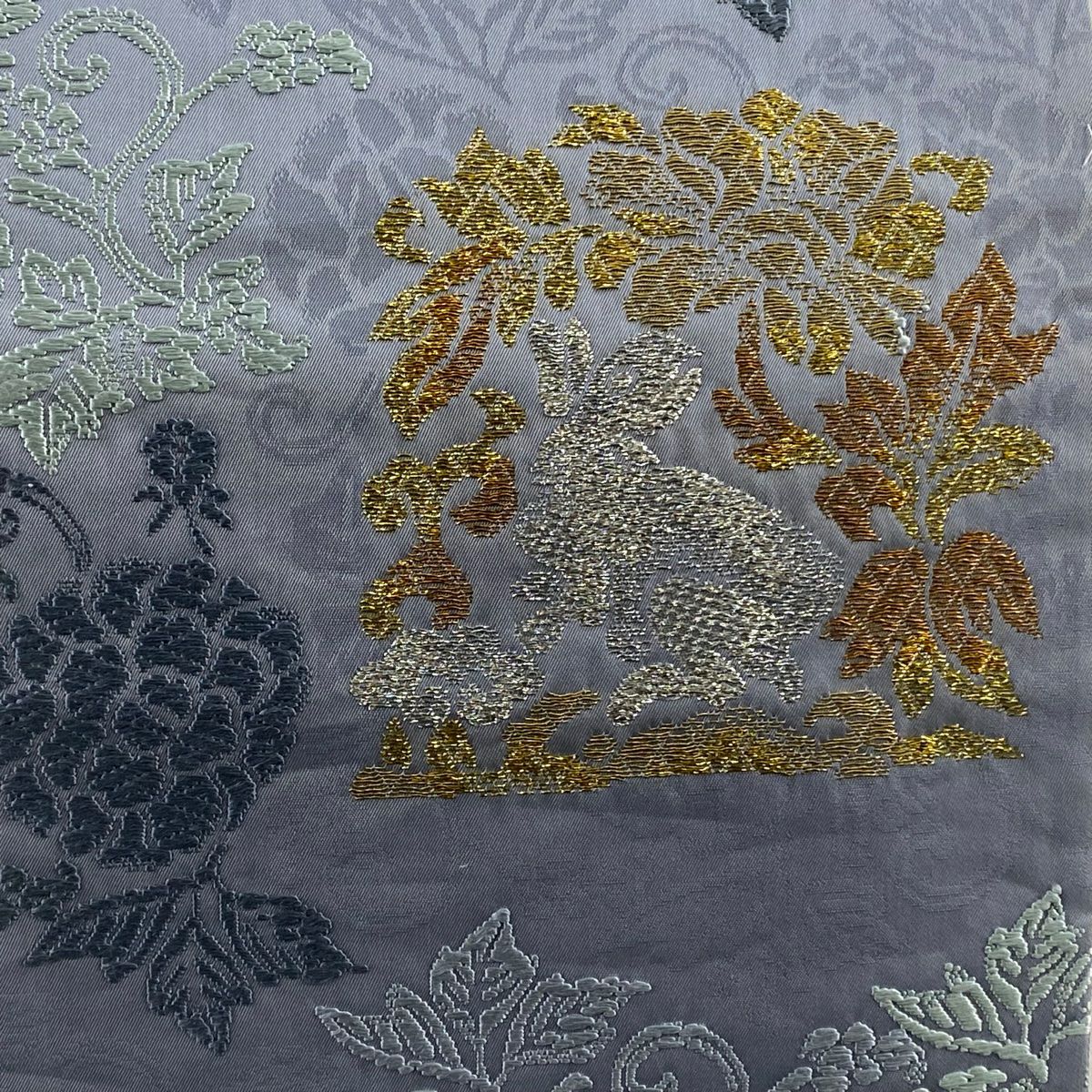 【庫存清倉】 袋帶 名品級 花兔 花唐草紋 金金箔 唐織 青灰 六通 純蠶絲