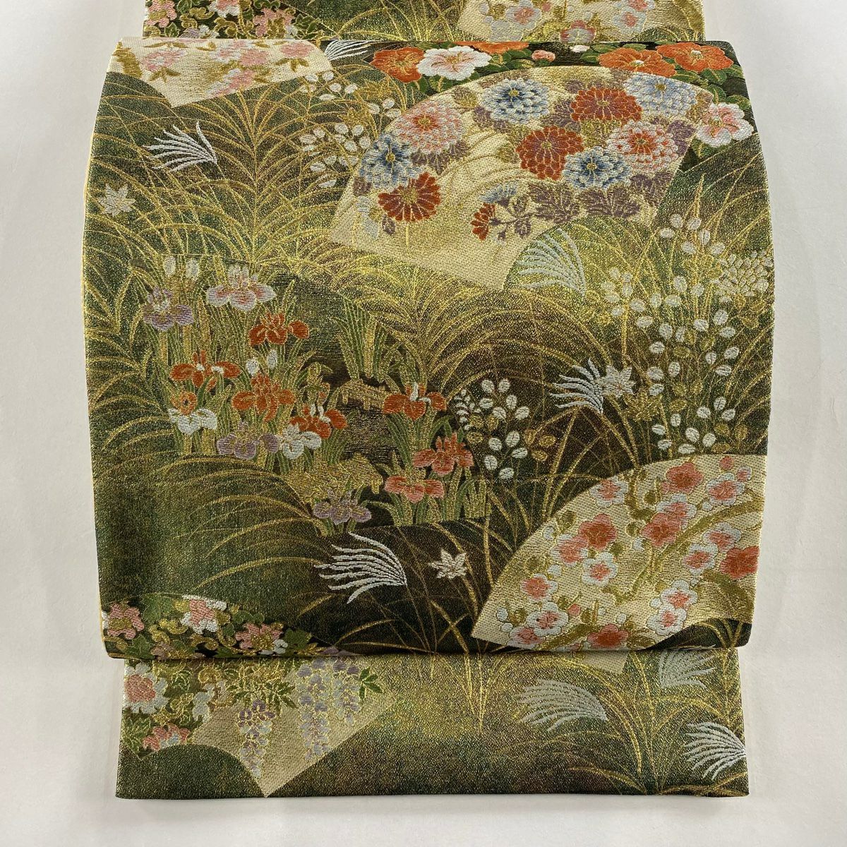【庫存清倉】 【美品】 袋帶 名品級 手先二通り 四季百華之圖 富嶽三十六景 金金箔 茶綠 お太鼓柄 純蠶絲