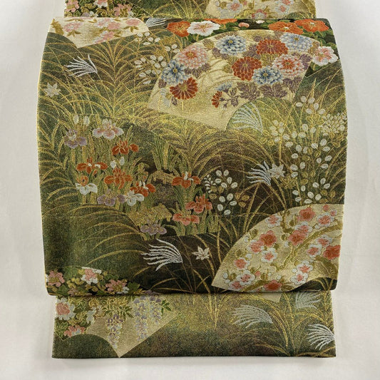 【庫存清倉】 【美品】 袋帶 名品級 手先二通り 四季百華之圖 富嶽三十六景 金金箔 茶綠 お太鼓柄 純蠶絲