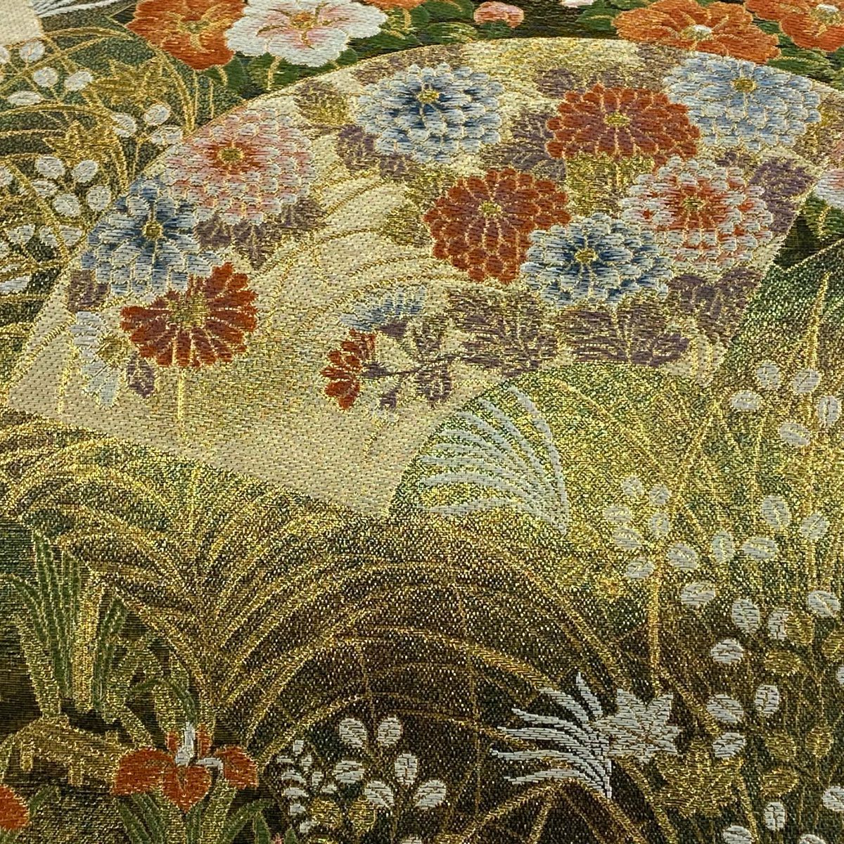 【庫存清倉】 【美品】 袋帶 名品級 手先二通り 四季百華之圖 富嶽三十六景 金金箔 茶綠 お太鼓柄 純蠶絲