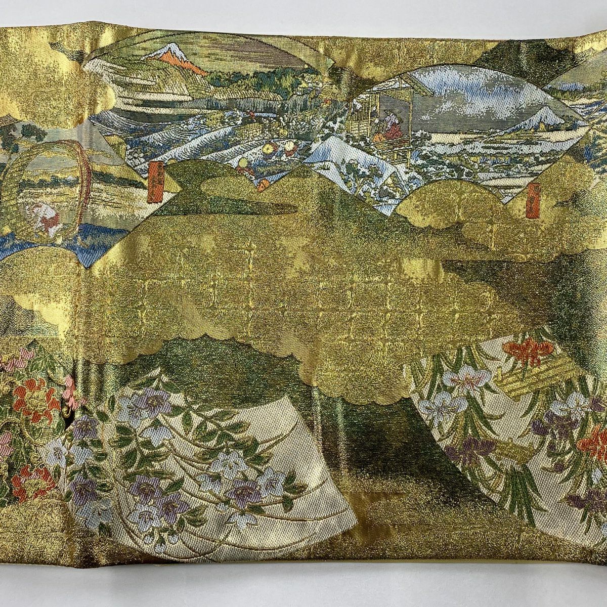 【庫存清倉】 【美品】 袋帶 名品級 手先二通り 四季百華之圖 富嶽三十六景 金金箔 茶綠 お太鼓柄 純蠶絲