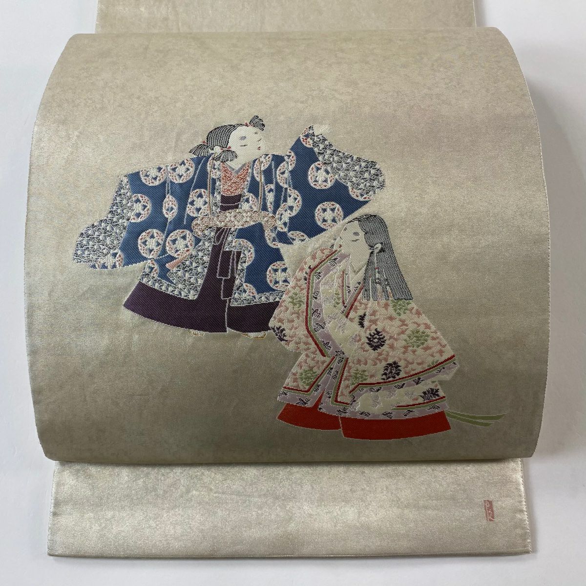 袋帶 逸品級 長嶋成織物 落款あり 關西仕立 由水十久監修 人物 金金箔 瀞銀錦 銀色 お太鼓柄 純蠶絲