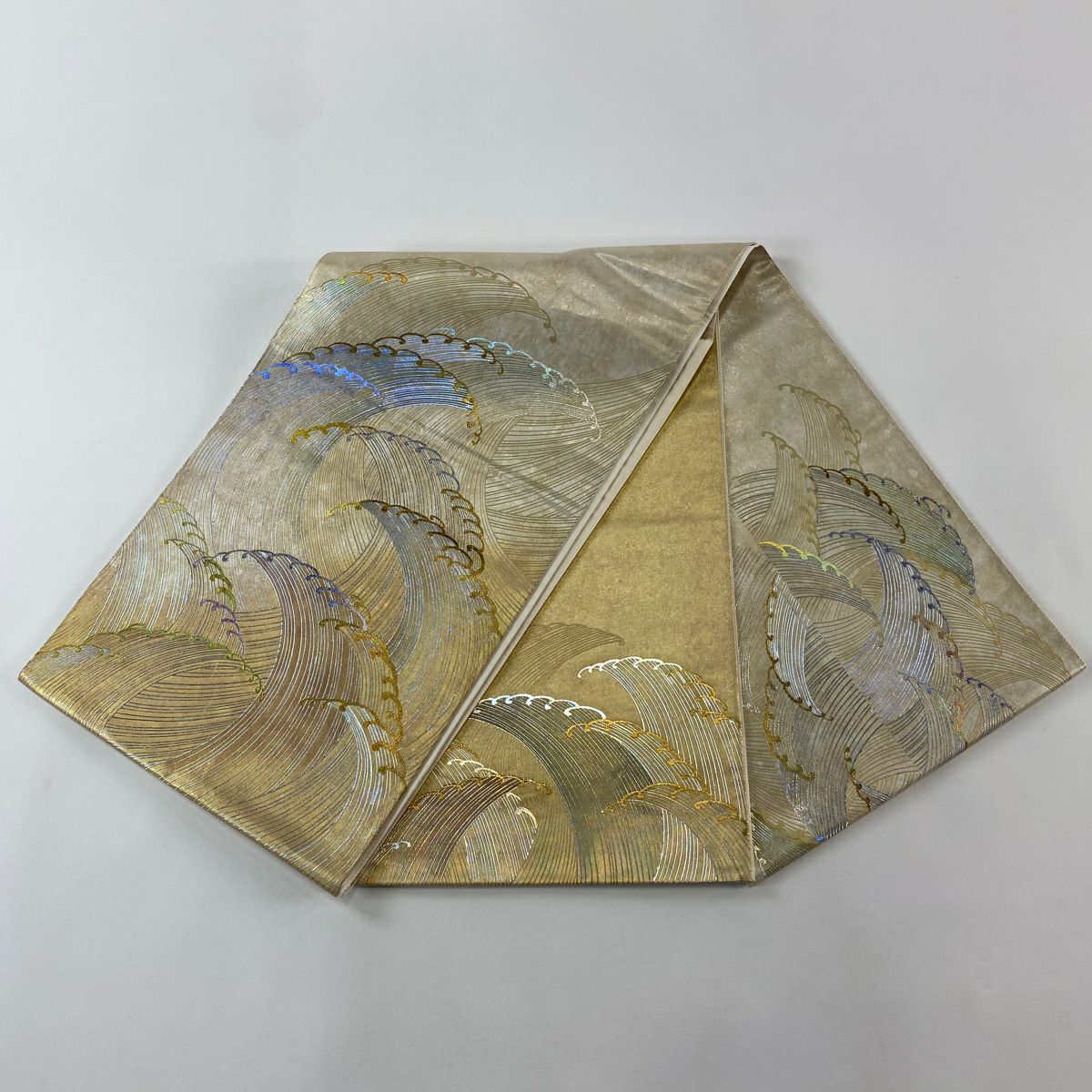 【美品】 袋帶 逸品級 落款あり 加藤信和 波頭 金銀彩 金金箔 金色 大鼓圖案 純蠶絲