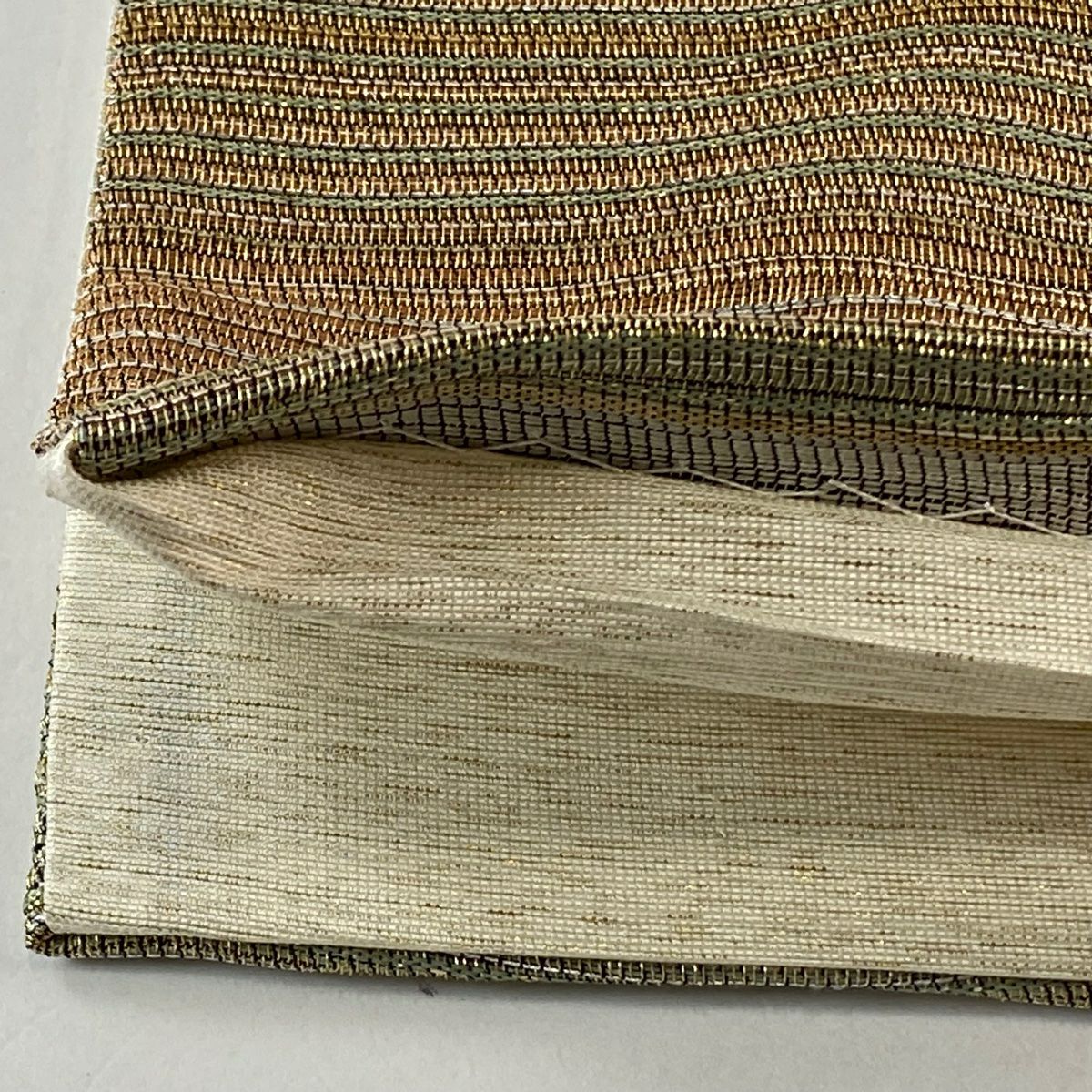 【美品】 袋帶 逸品級 千年工房 落款あり よろけ縞 金通 灰綠 全通 純蠶絲
