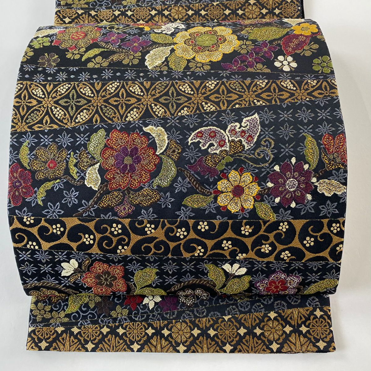 【美品】 袋帶 逸品級 附有落款 草花紋紋 七寶紋 金絲 深藍 六通 純蠶絲