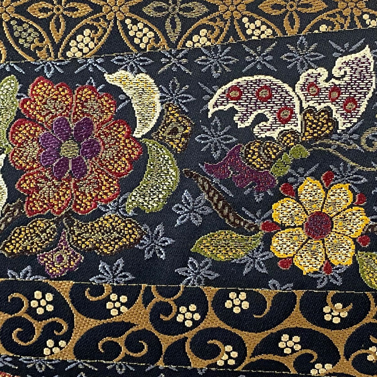 【美品】 袋帶 逸品級 附有落款 草花紋紋 七寶紋 金絲 深藍 六通 純蠶絲