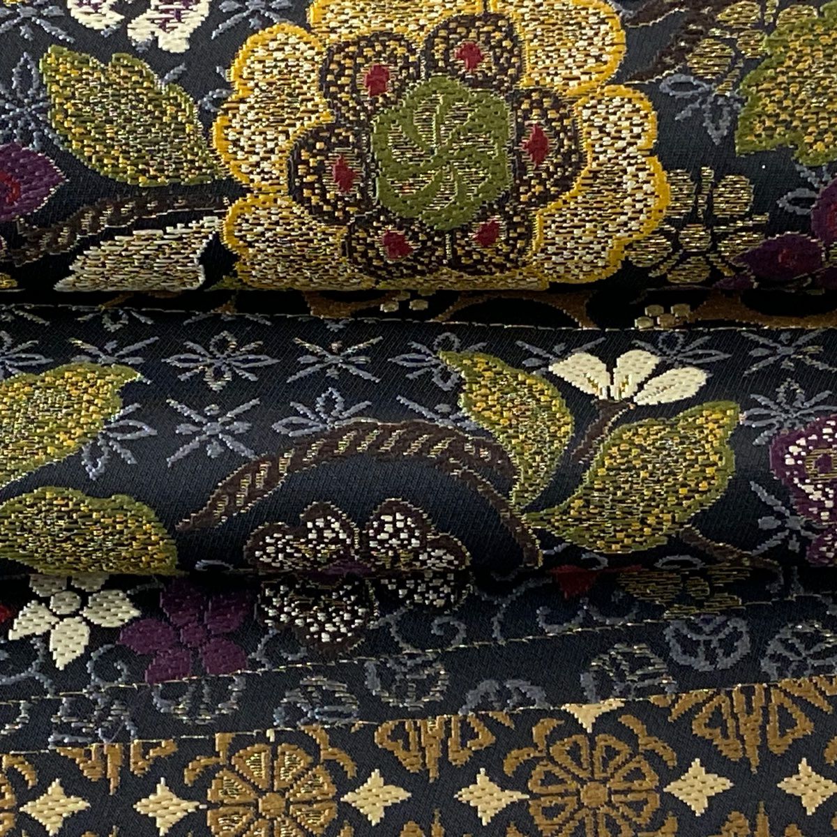 【美品】 袋帶 逸品級 附有落款 草花紋紋 七寶紋 金絲 深藍 六通 純蠶絲