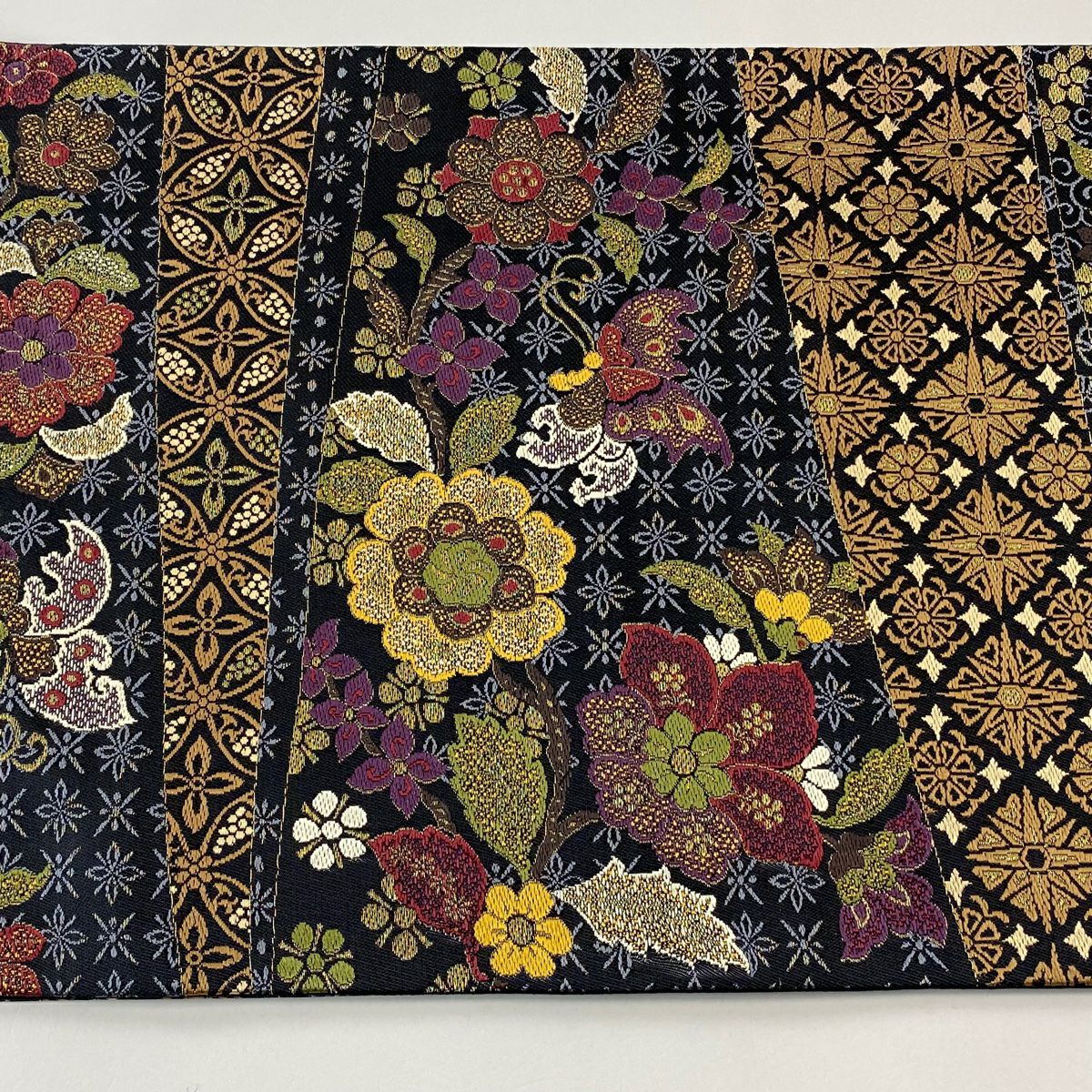 【美品】 袋帶 逸品級 附有落款 草花紋紋 七寶紋 金絲 深藍 六通 純蠶絲