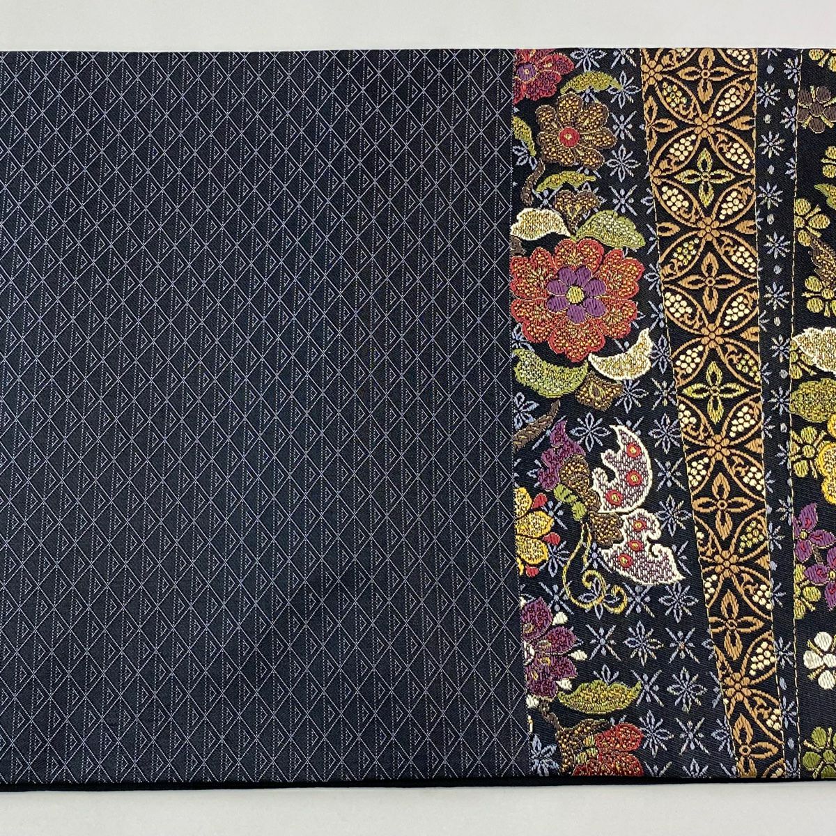 【美品】 袋帶 逸品級 附有落款 草花紋紋 七寶紋 金絲 深藍 六通 純蠶絲