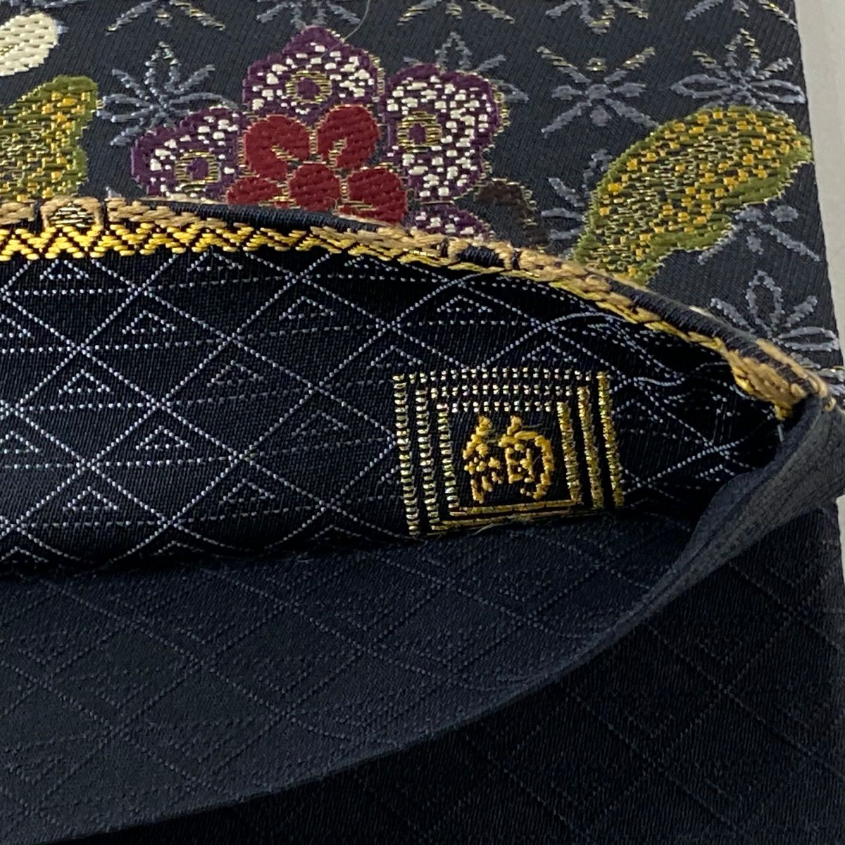 【美品】 袋帶 逸品級 附有落款 草花紋紋 七寶紋 金絲 深藍 六通 純蠶絲
