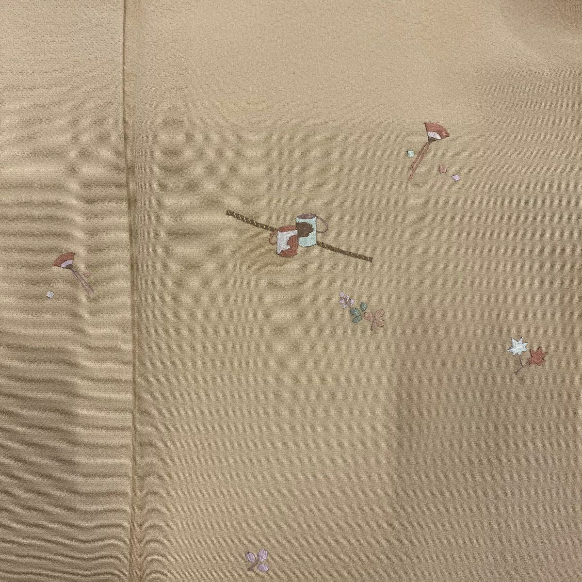 付下 身長150cm 袖長62.5cm S 雙層 髮簪 葉子 刺繡 金線 米色 純蠶絲 優品級 一個紋