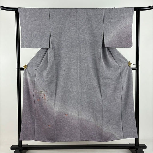 【美品】 付下 身長152cm 袖長62.5cm S 雙層 蝶 草花紋刺繡 金線 灰紫 純蠶絲 秀品級 一つ紋