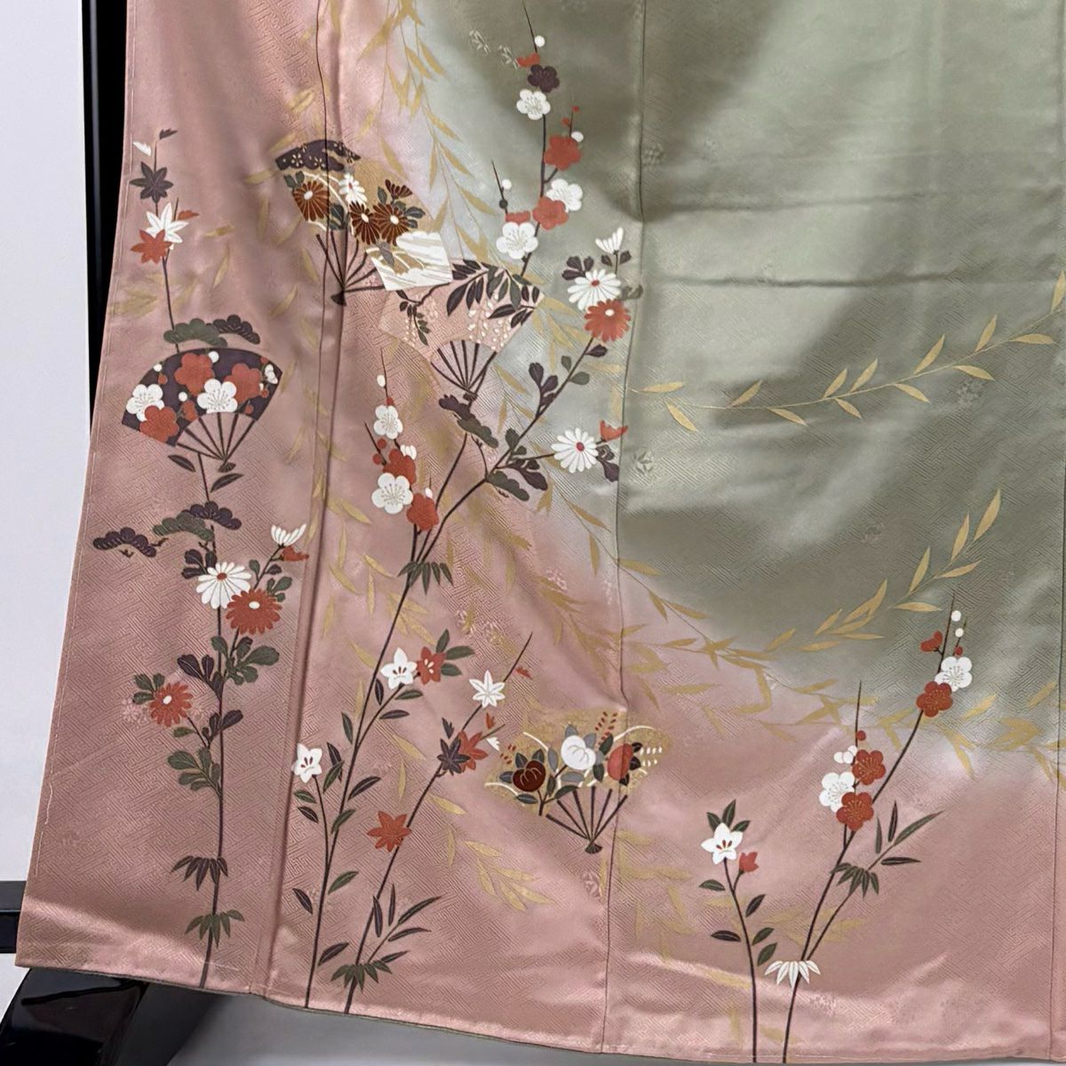 訪問服 身長168cm 袖長65.5cm M 雙層 扇子枝花 金彩裝飾 染分 灰綠 純蠶絲 秀品級