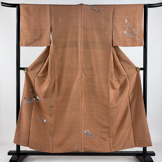 付下 身長153.5cm 袖長62cm S 雙層 紬織織 落款あり 枝花 薄茶 純蠶絲 秀品級
