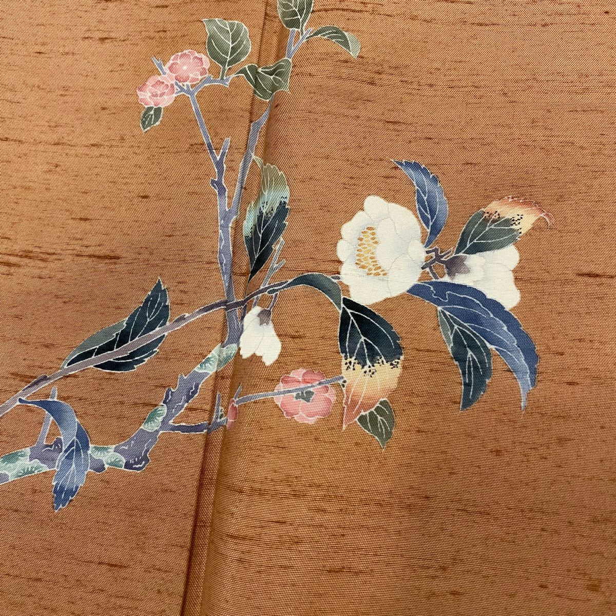 付下 身長153.5cm 袖長62cm S 雙層 紬織織 落款あり 枝花 薄茶 純蠶絲 秀品級