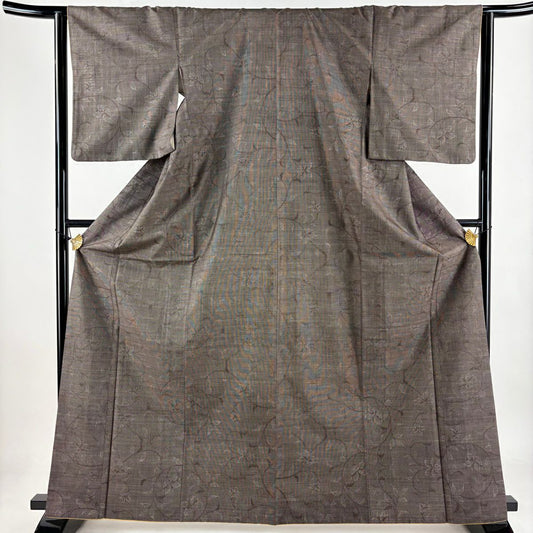 紬織 身長166cm 袖長64.5cm M 雙層 唐草紋 焦茶 純蠶絲 秀品級