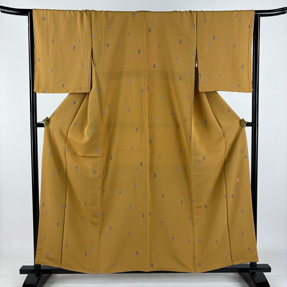 【美品】 小紋 身長158cm 袖長64.5cm M 雙層 落款あり 菱花 山吹茶 純蠶絲 秀品級