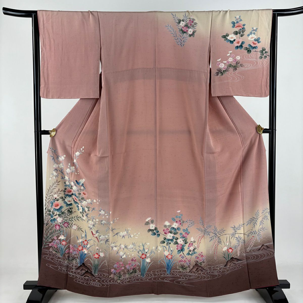 訪問服 身長161cm 袖長65.5cm M 雙層 紬織織 椿 鳥 金銀彩 漸層 粉紅 純蠶絲 秀品級