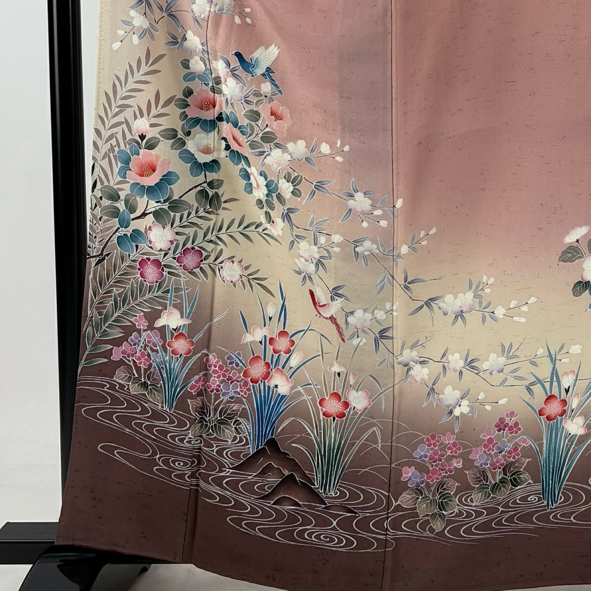訪問服 身長161cm 袖長65.5cm M 雙層 紬織織 椿 鳥 金銀彩 漸層 粉紅 純蠶絲 秀品級