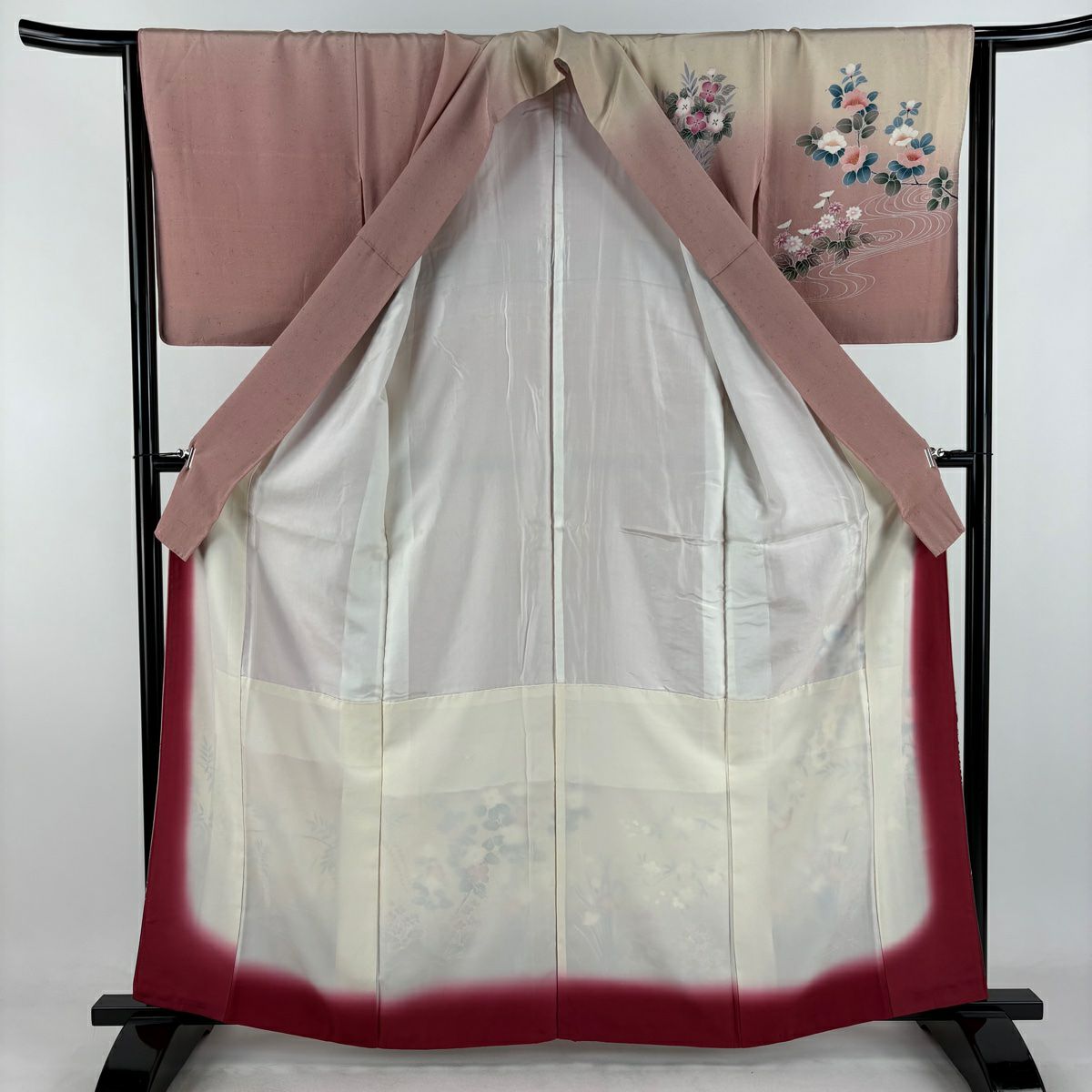 訪問服 身長161cm 袖長65.5cm M 雙層 紬織織 椿 鳥 金銀彩 漸層 粉紅 純蠶絲 秀品級