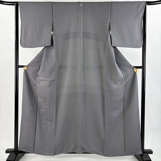 【美品】 付下 身長160cm 袖長63.5cm S 雙層 草花紋紋 流水 黑灰 純蠶絲 秀品級 一個紋