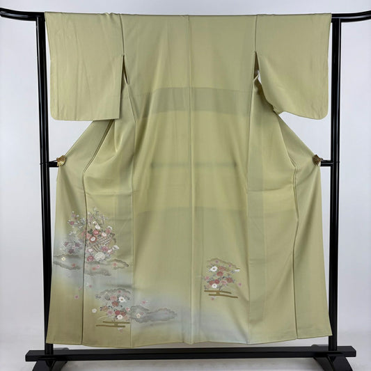 付下 身長154.5cm 袖長62.5cm S 雙層 扇子 草花紋刺繡 金銀彩 抹茶 純蠶絲 秀品級