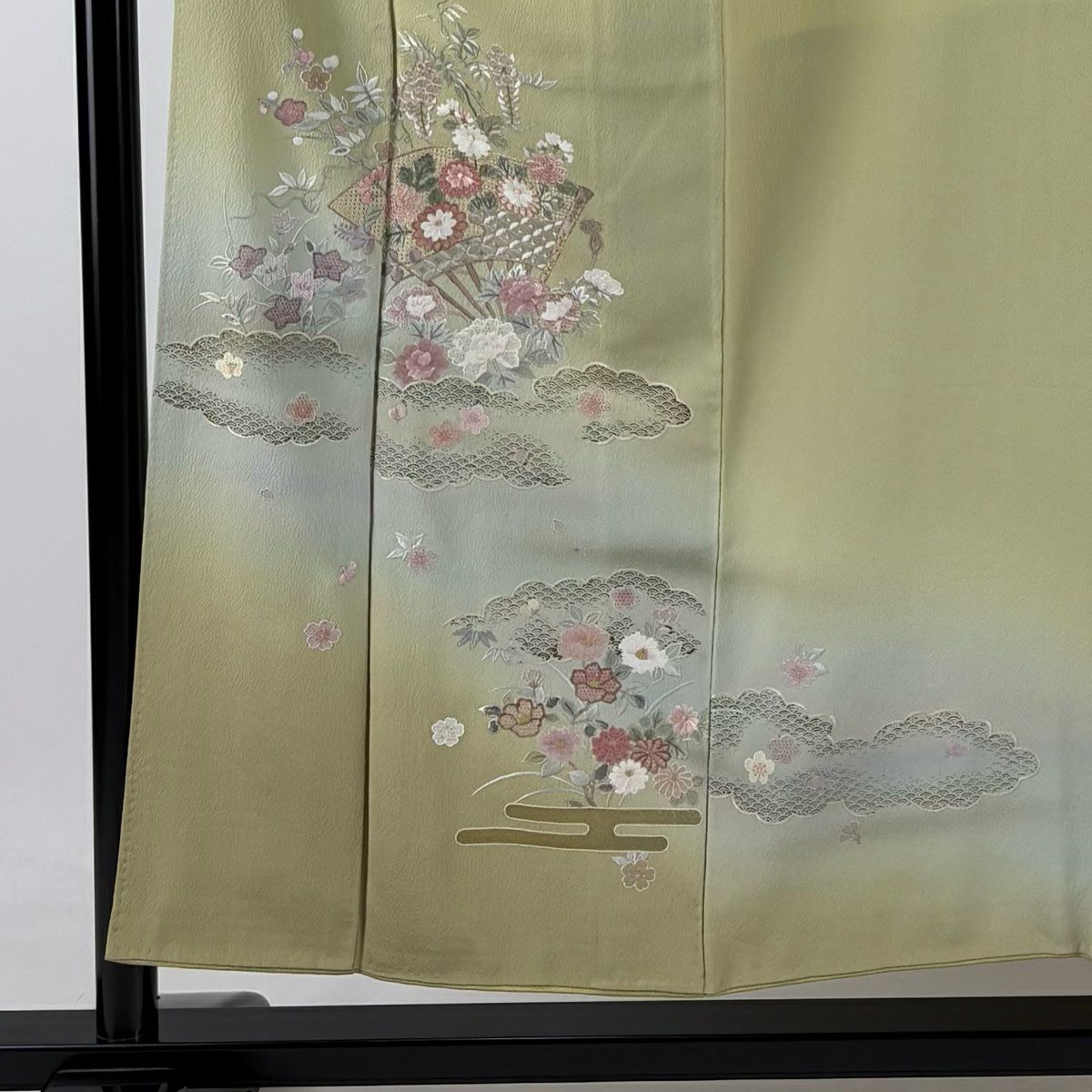 付下 身長154.5cm 袖長62.5cm S 雙層 扇子 草花紋刺繡 金銀彩 抹茶 純蠶絲 秀品級