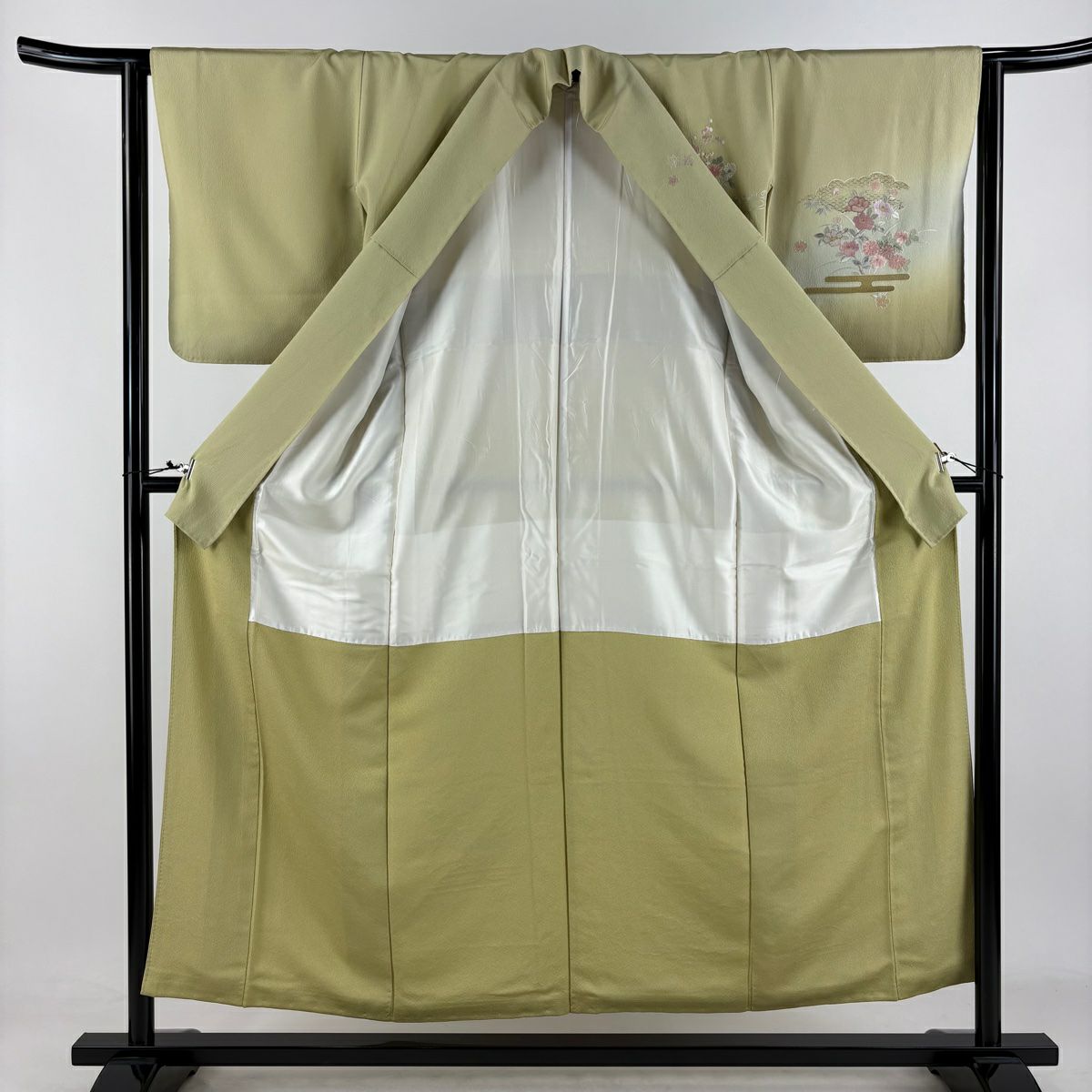 付下 身長154.5cm 袖長62.5cm S 雙層 扇子 草花紋刺繡 金銀彩 抹茶 純蠶絲 秀品級