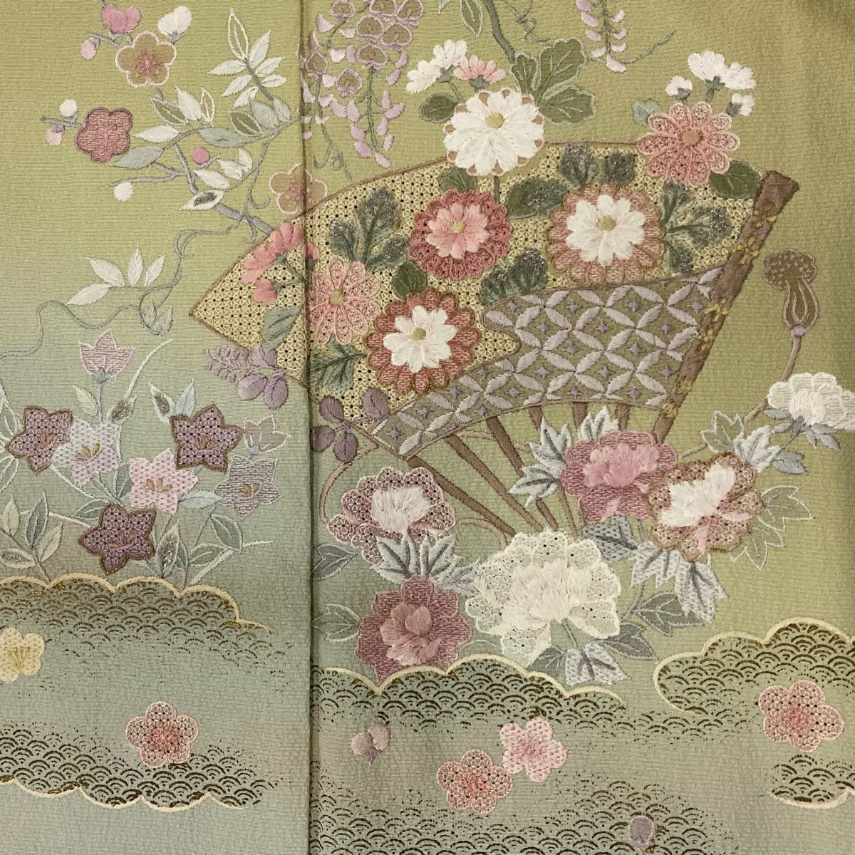 付下 身長154.5cm 袖長62.5cm S 雙層 扇子 草花紋刺繡 金銀彩 抹茶 純蠶絲 秀品級