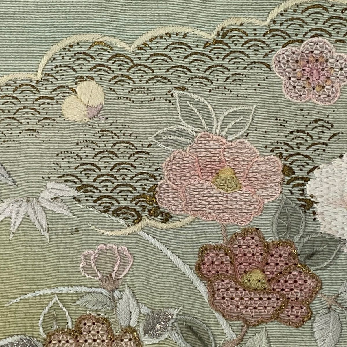 付下 身長154.5cm 袖長62.5cm S 雙層 扇子 草花紋刺繡 金銀彩 抹茶 純蠶絲 秀品級
