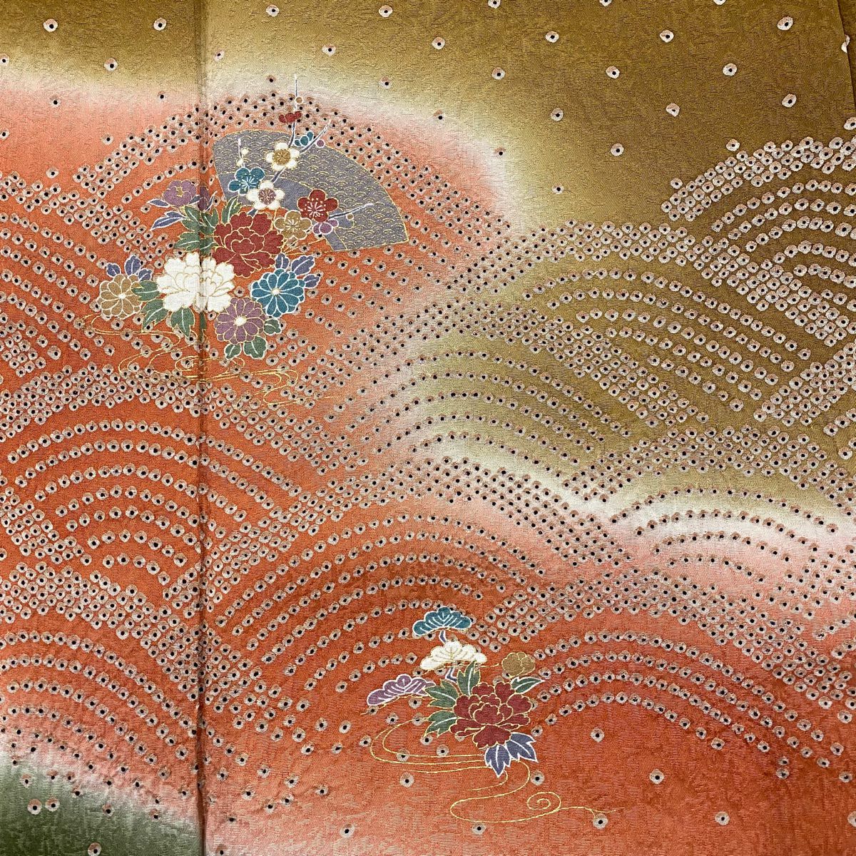 訪問服 身長153cm 袖長63cm S 雙層 扇子 草花紋紋 金彩裝飾 漸層 茶 純蠶絲 秀品級
