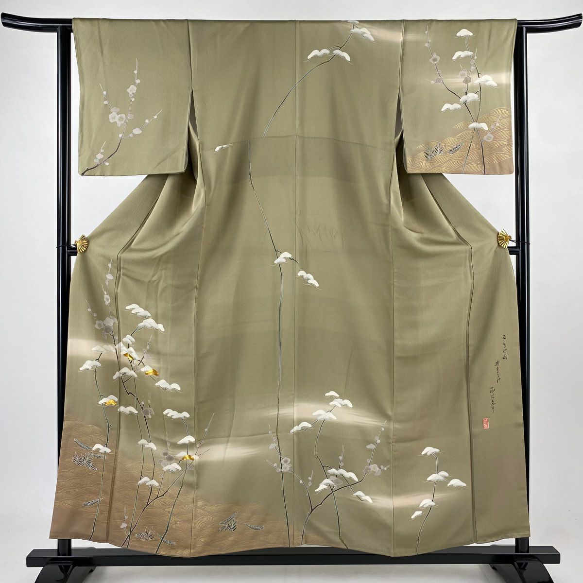 訪問服 身長156cm 袖長63cm S 雙層 落款有 枝梅花 松樹 金絲 金銀彩 灰綠 純蠶絲 秀品級