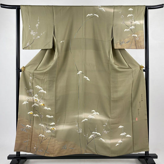 訪問服 身長156cm 袖長63cm S 雙層 落款有 枝梅花 松樹 金絲 金銀彩 灰綠 純蠶絲 秀品級